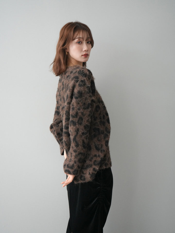 [SET]レオパードシャギーニットプルオーバー+ギャザーベロアスカート(2set)