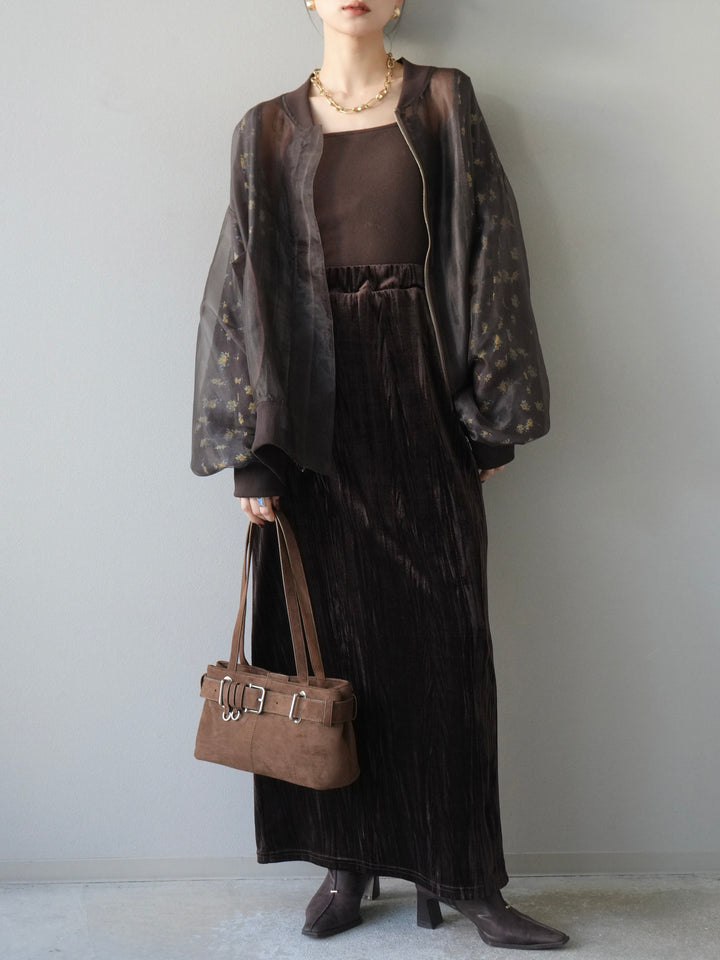 [SET]フラワーチュールドッキングブルゾン+クラッシュベロアナロースカート(2set)