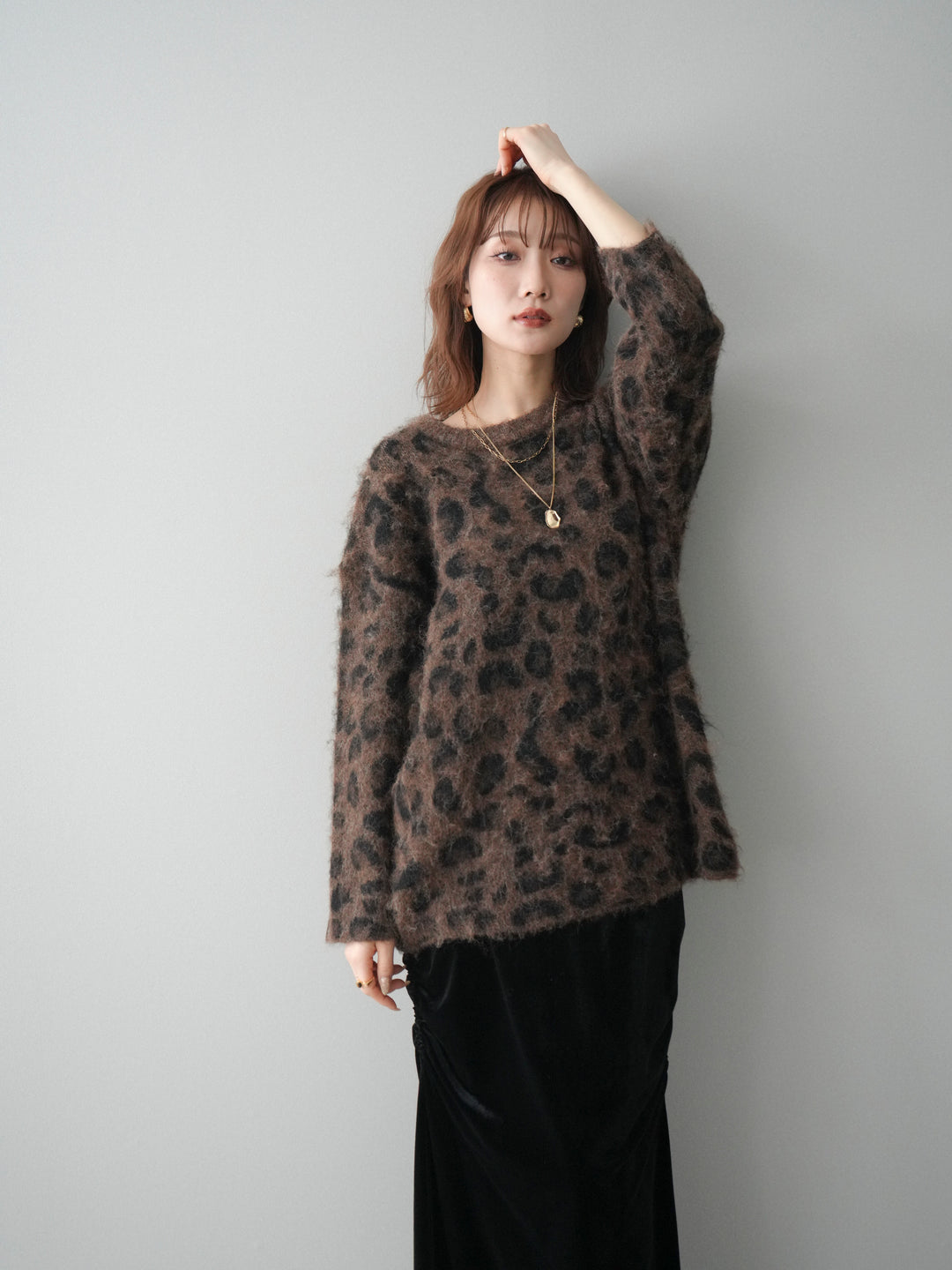 [SET]レオパードシャギーニットプルオーバー+ギャザーベロアスカート(2set)