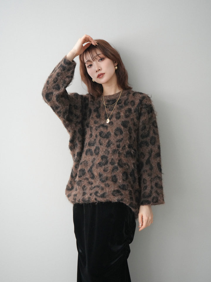 [SET]レオパードシャギーニットプルオーバー+ギャザーベロアスカート(2set)