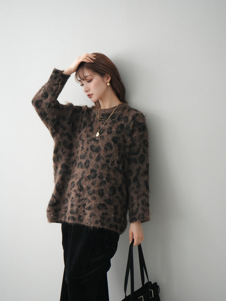 [SET]レオパードシャギーニットプルオーバー+ギャザーベロアスカート(2set)