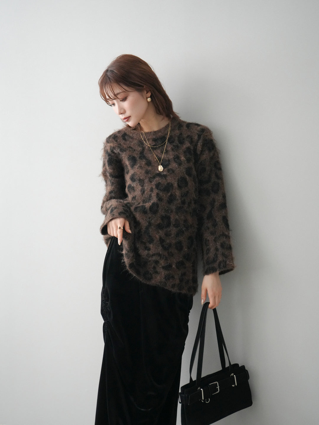 [SET]レオパードシャギーニットプルオーバー+ギャザーベロアスカート(2set)