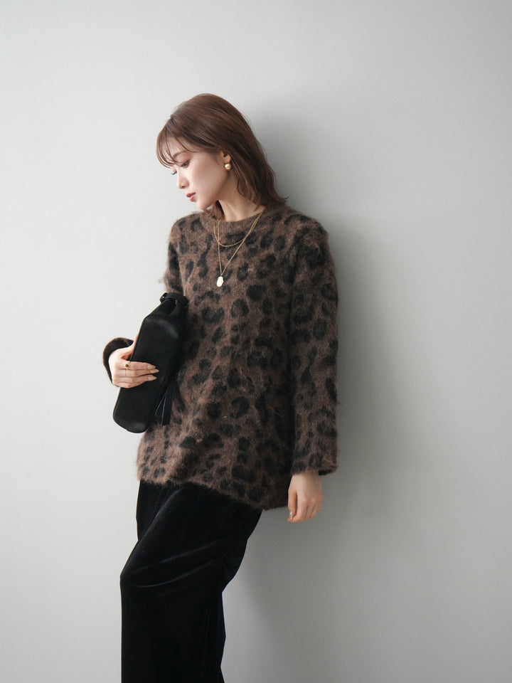 [SET]レオパードシャギーニットプルオーバー+ギャザーベロアスカート(2set)