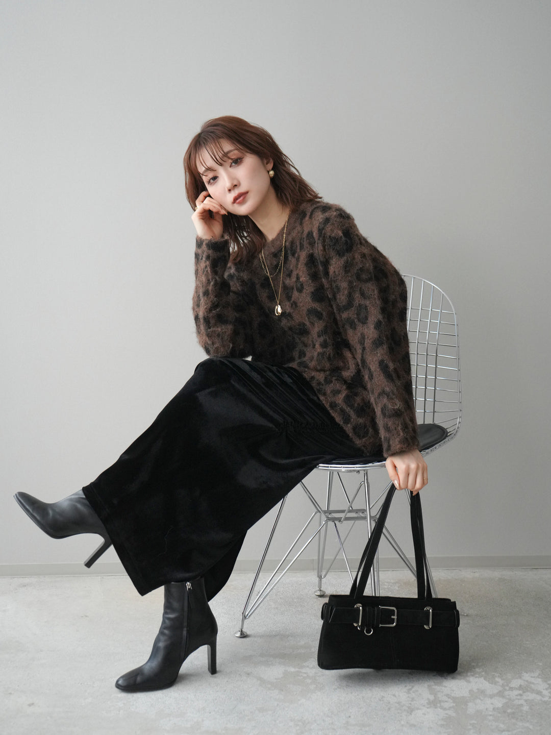 [SET]レオパードシャギーニットプルオーバー+ギャザーベロアスカート(2set)