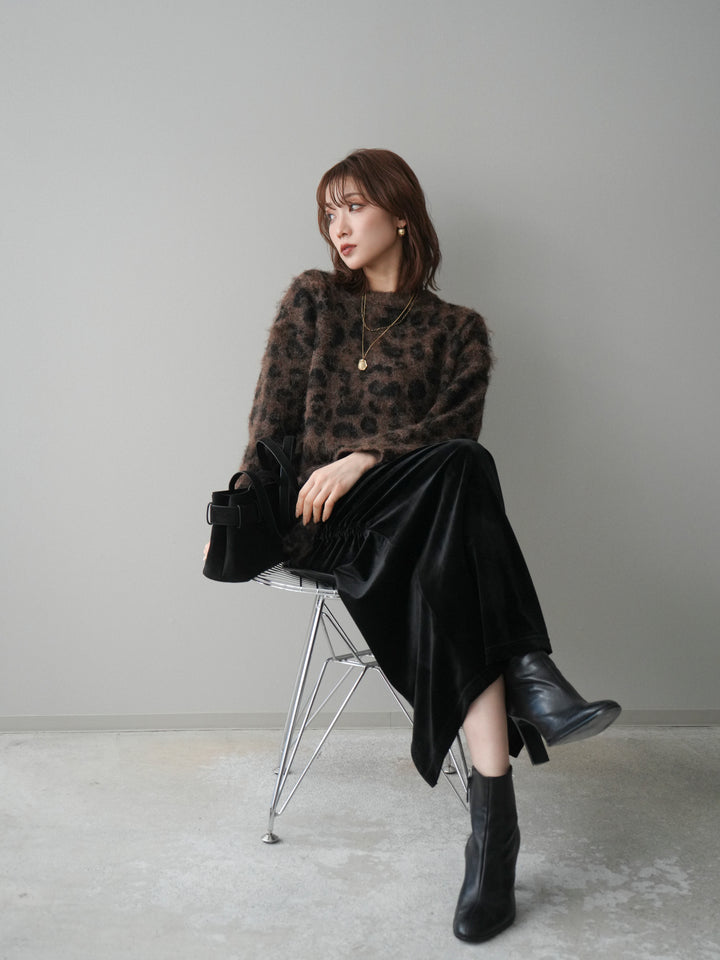 [SET]レオパードシャギーニットプルオーバー+ギャザーベロアスカート(2set)