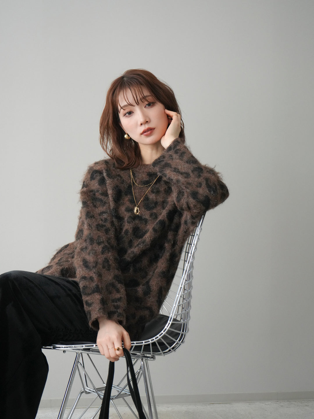 [SET]レオパードシャギーニットプルオーバー+ギャザーベロアスカート(2set)