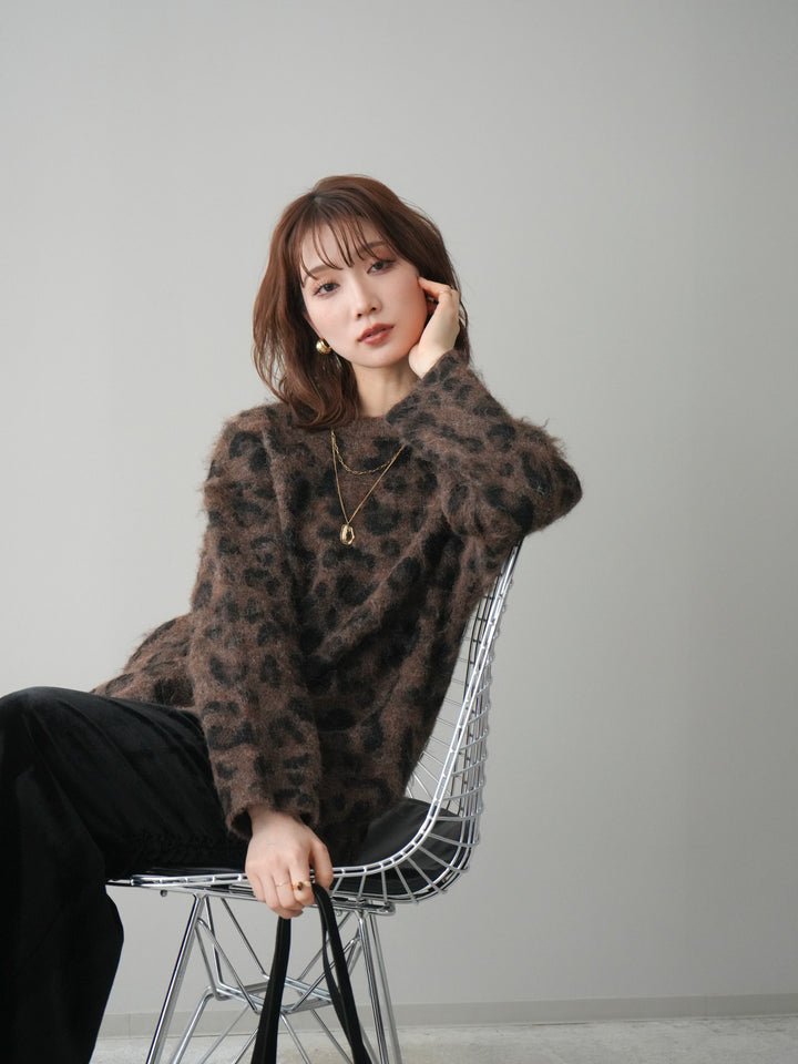 [SET]レオパードシャギーニットプルオーバー+ギャザーベロアスカート(2set)