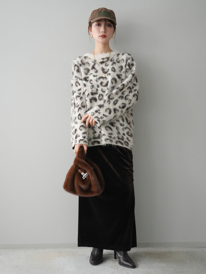 [SET]レオパードシャギーニットプルオーバー+ギャザーベロアスカート(2set)