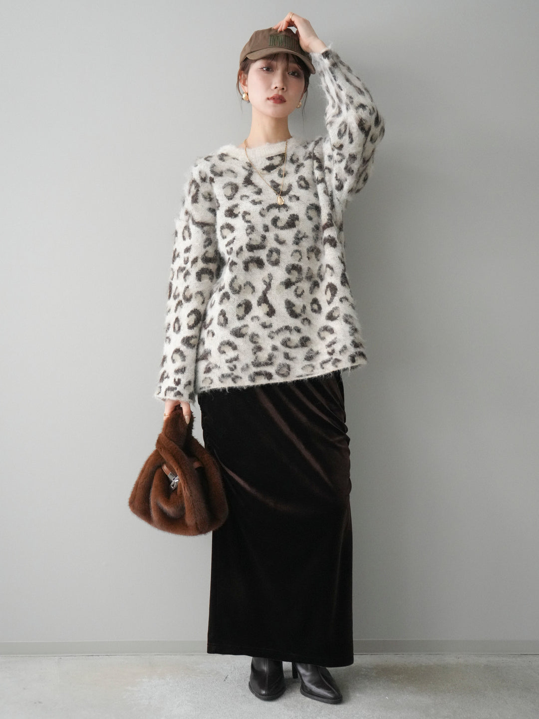 [SET]レオパードシャギーニットプルオーバー+ギャザーベロアスカート(2set)