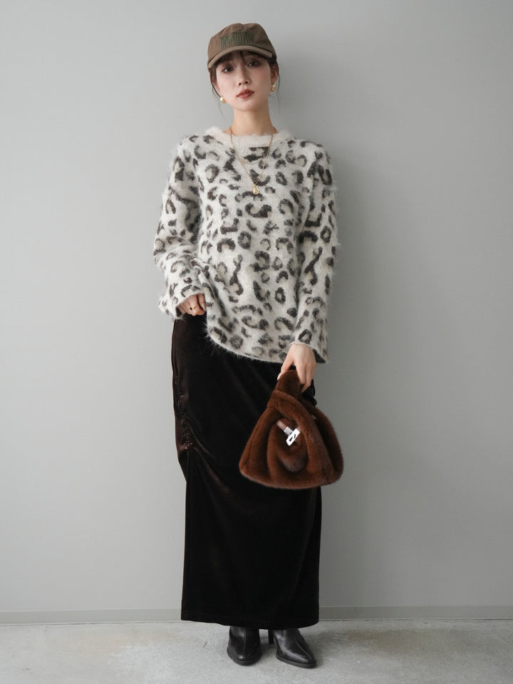 [SET]レオパードシャギーニットプルオーバー+ギャザーベロアスカート(2set)