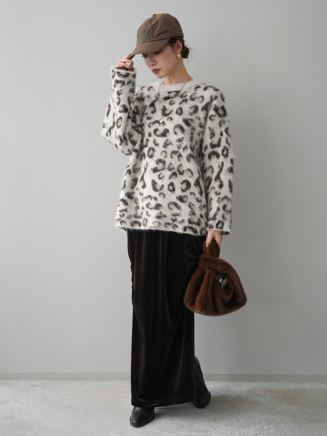 [SET]レオパードシャギーニットプルオーバー+ギャザーベロアスカート(2set)