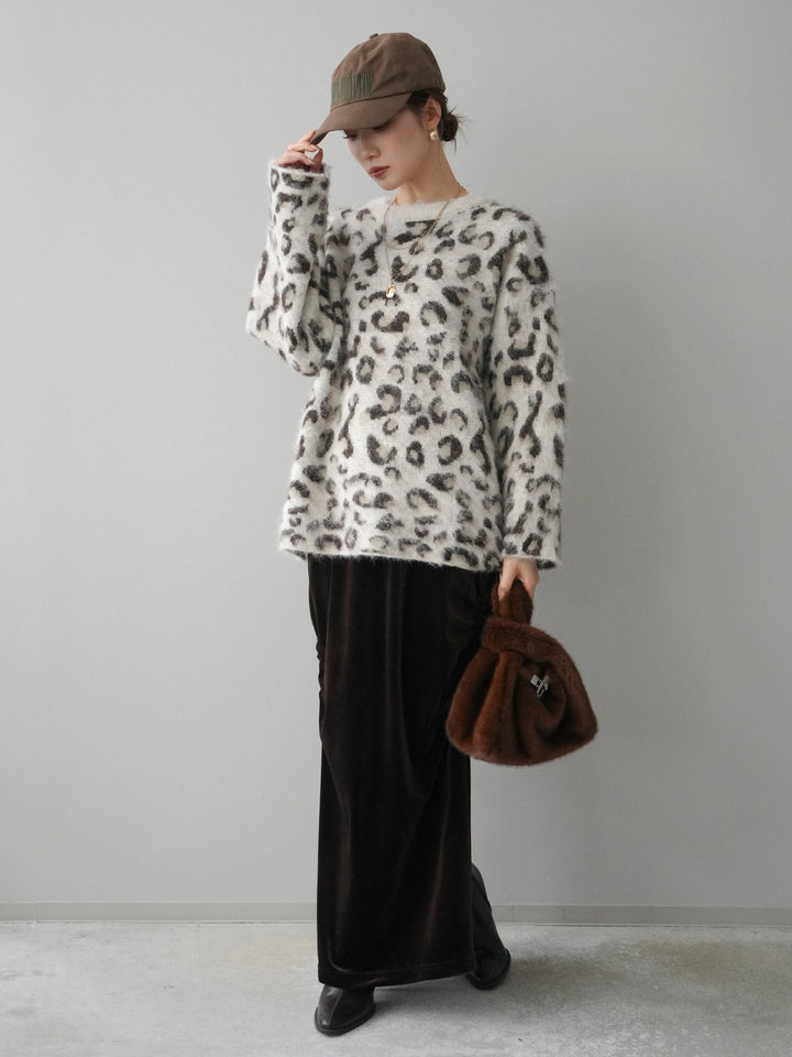 [SET]レオパードシャギーニットプルオーバー+ギャザーベロアスカート(2set)