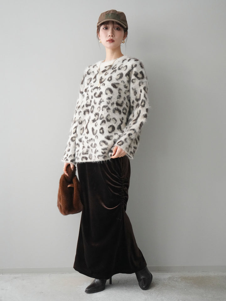 [SET]レオパードシャギーニットプルオーバー+ギャザーベロアスカート(2set)