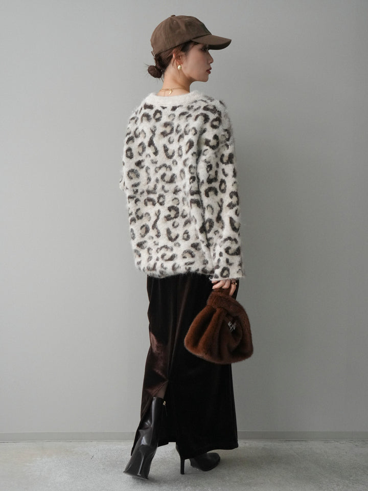 [SET]レオパードシャギーニットプルオーバー+ギャザーベロアスカート(2set)