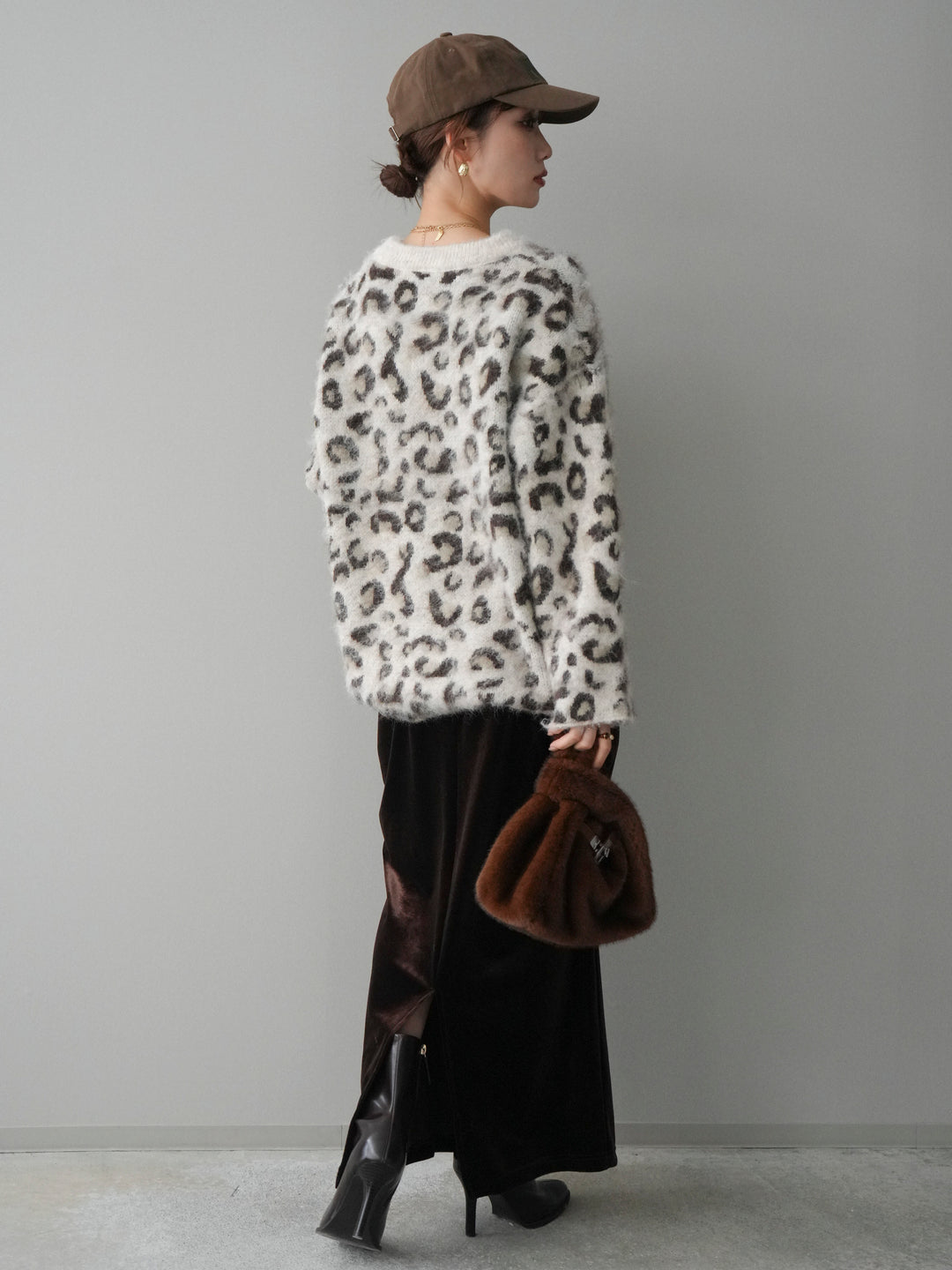 [SET]レオパードシャギーニットプルオーバー+ギャザーベロアスカート(2set)