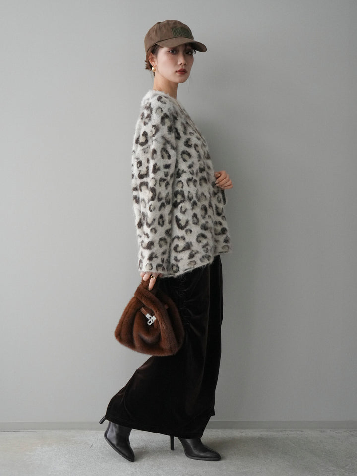 [SET]レオパードシャギーニットプルオーバー+ギャザーベロアスカート(2set)