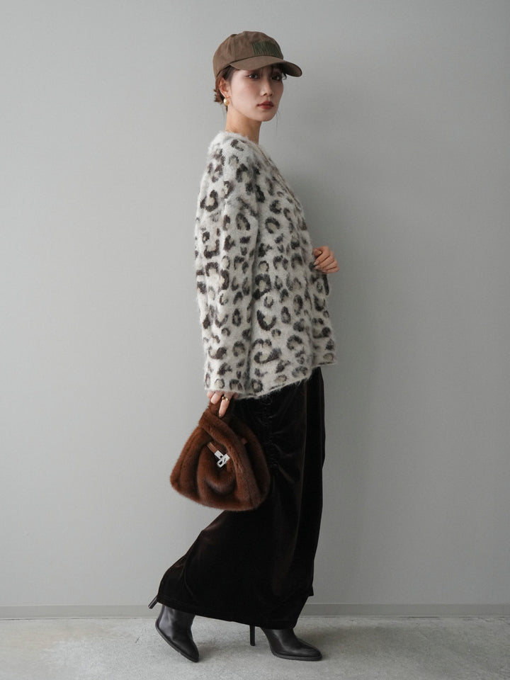 [SET]レオパードシャギーニットプルオーバー+ギャザーベロアスカート(2set)