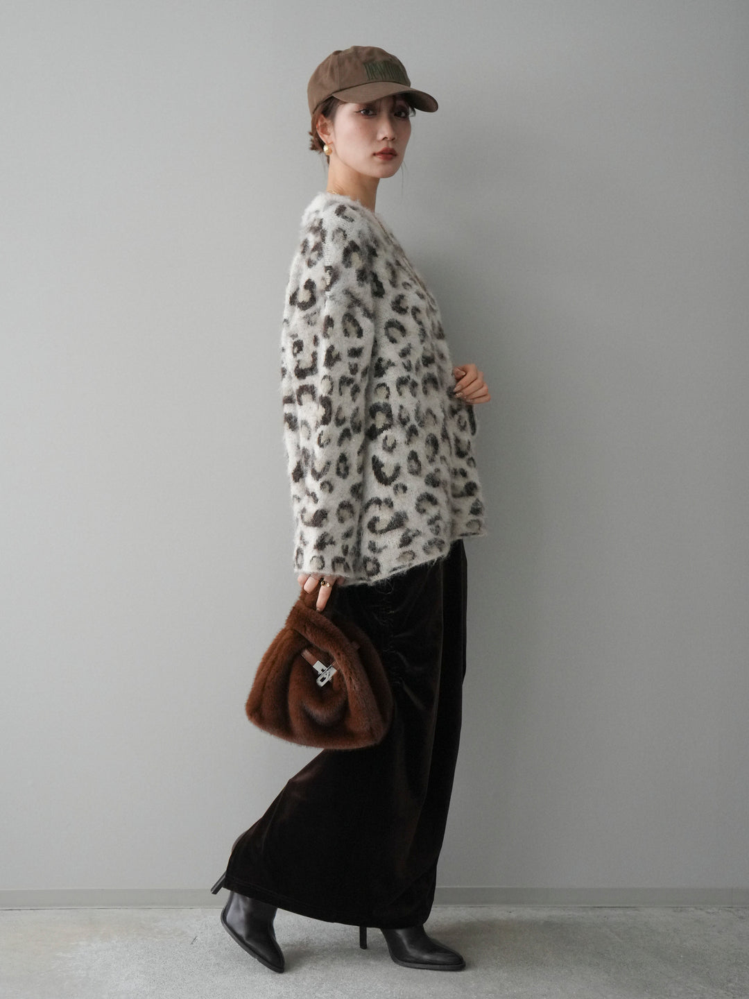 [SET]レオパードシャギーニットプルオーバー+ギャザーベロアスカート(2set)