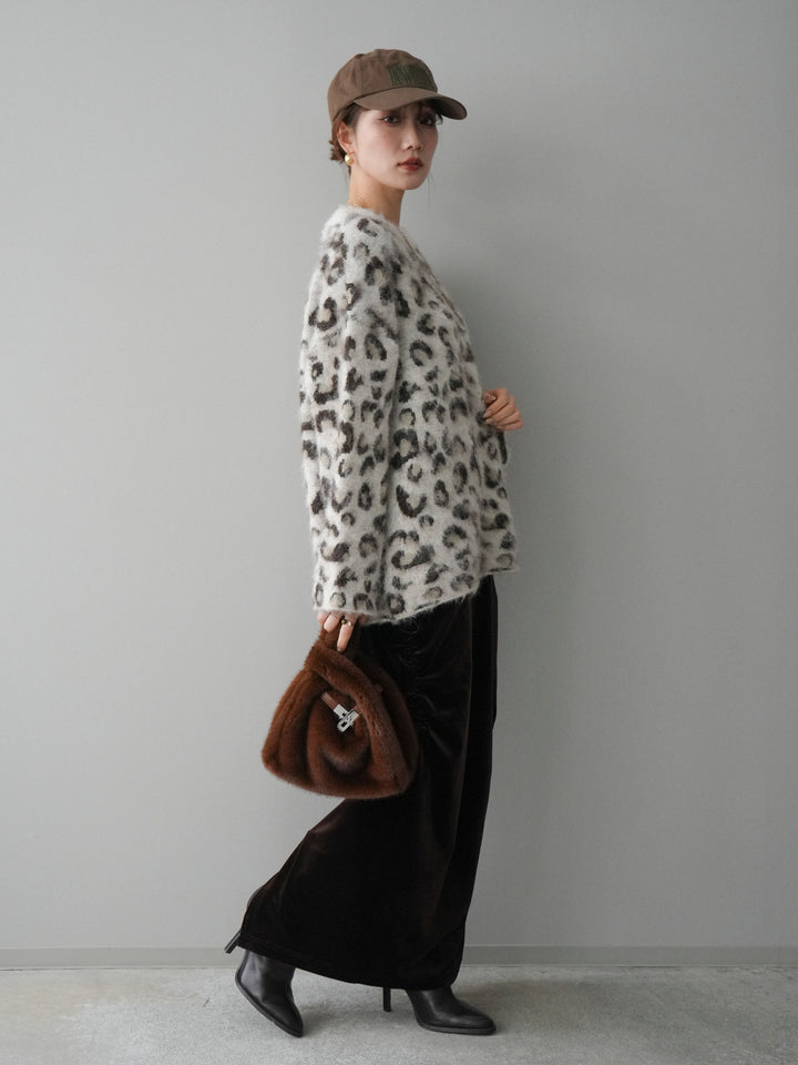 [SET]レオパードシャギーニットプルオーバー+ギャザーベロアスカート(2set)