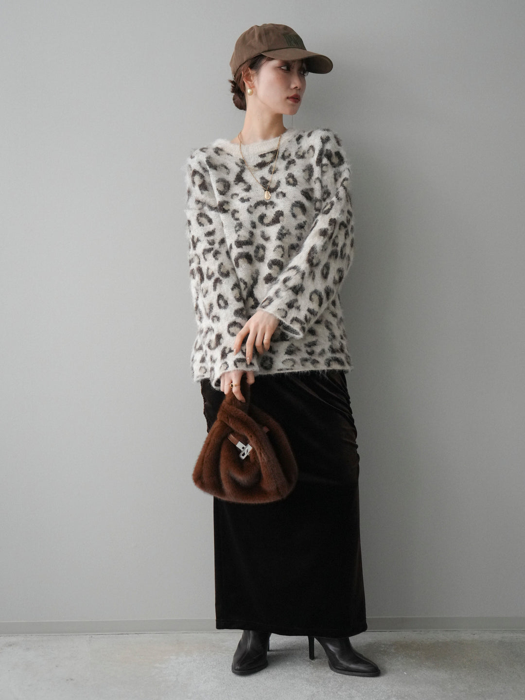 [SET]レオパードシャギーニットプルオーバー+ギャザーベロアスカート(2set)