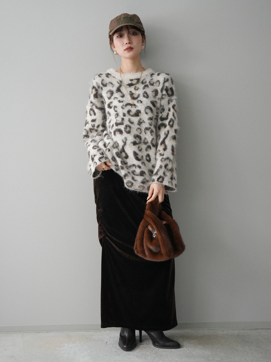 [SET]レオパードシャギーニットプルオーバー+ギャザーベロアスカート(2set)