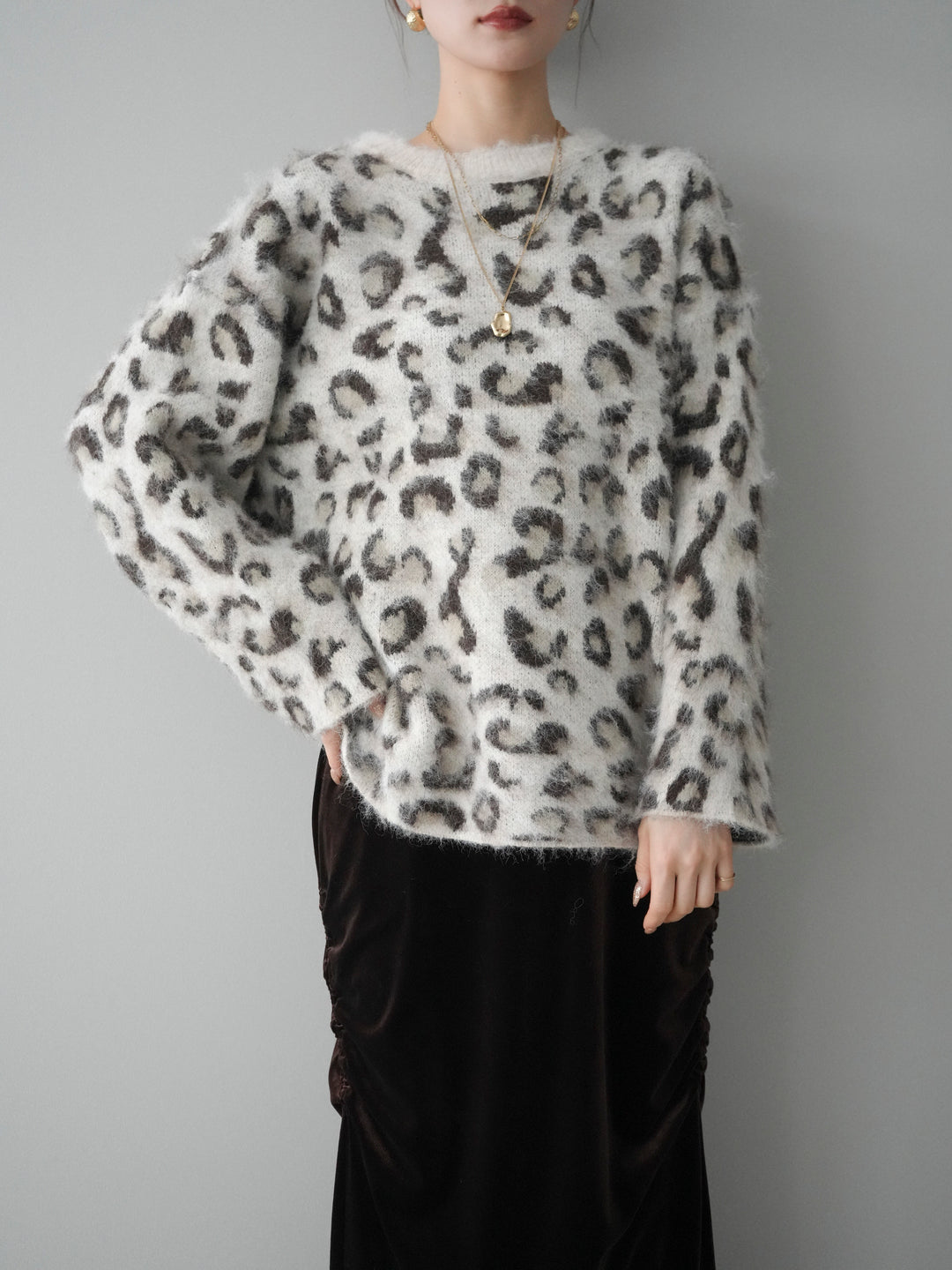 [SET]レオパードシャギーニットプルオーバー+ギャザーベロアスカート(2set)