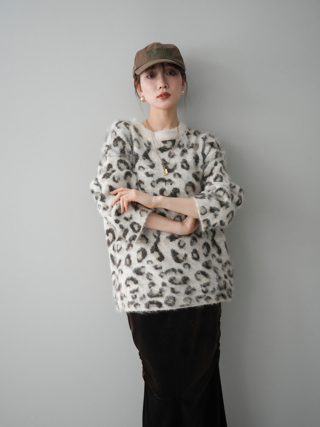 [SET]レオパードシャギーニットプルオーバー+ギャザーベロアスカート(2set)