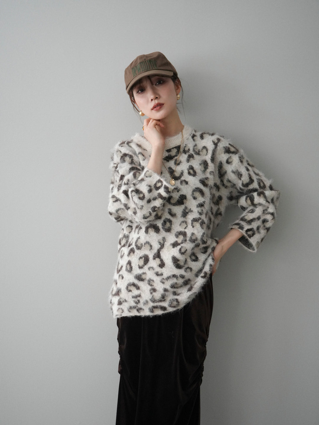 [SET]レオパードシャギーニットプルオーバー+ギャザーベロアスカート(2set)