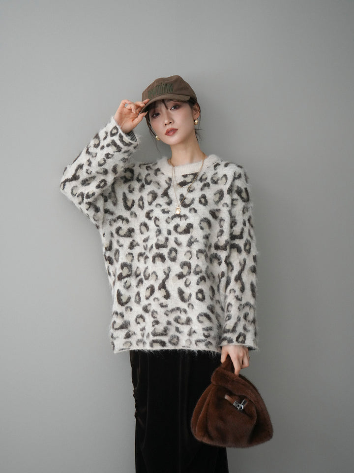 [SET]レオパードシャギーニットプルオーバー+ギャザーベロアスカート(2set)