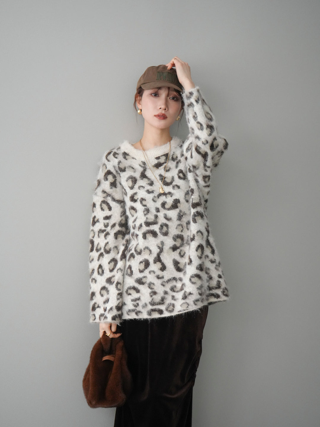 [SET]レオパードシャギーニットプルオーバー+選べるアクセセット(2set)