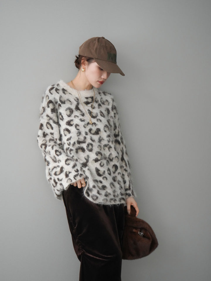 [SET]レオパードシャギーニットプルオーバー+ギャザーベロアスカート(2set)