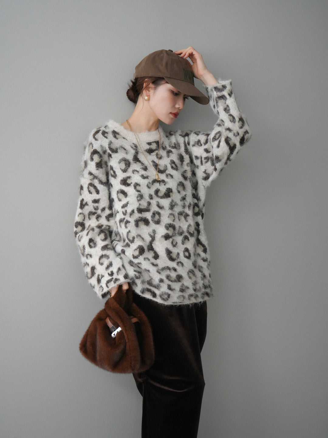 [SET]レオパードシャギーニットプルオーバー+ギャザーベロアスカート(2set)