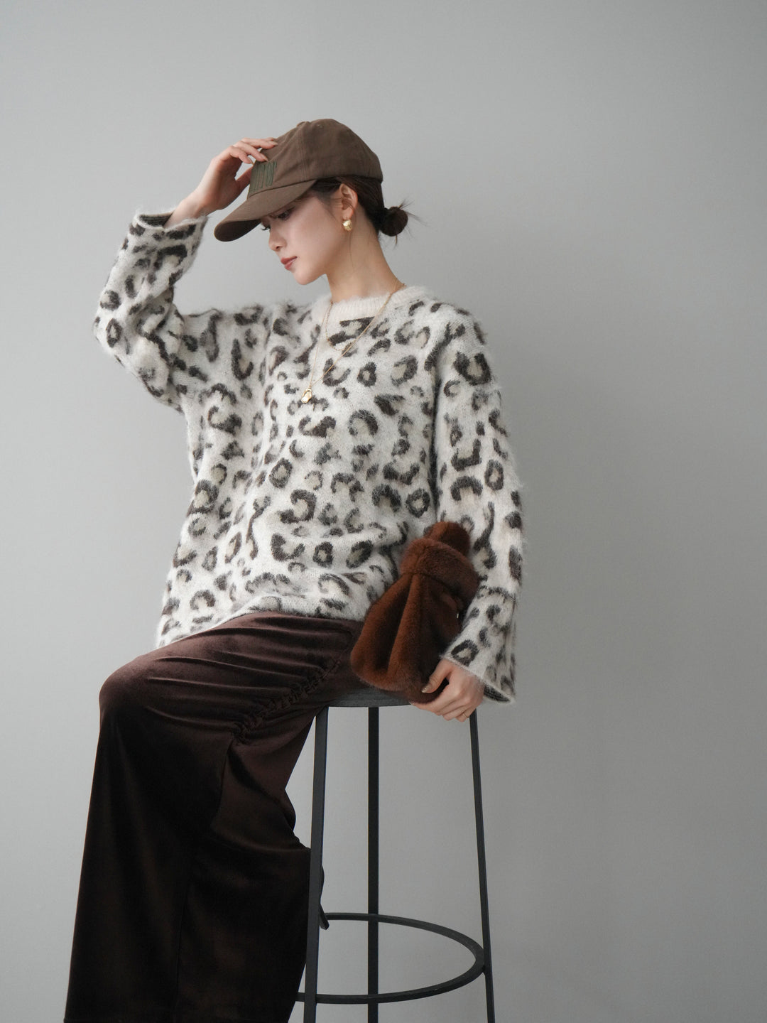 [SET]レオパードシャギーニットプルオーバー+ギャザーベロアスカート(2set)