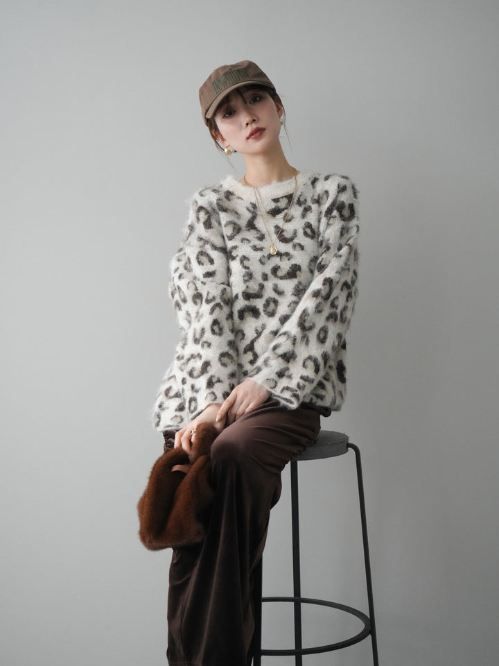 [SET]レオパードシャギーニットプルオーバー+ギャザーベロアスカート(2set)