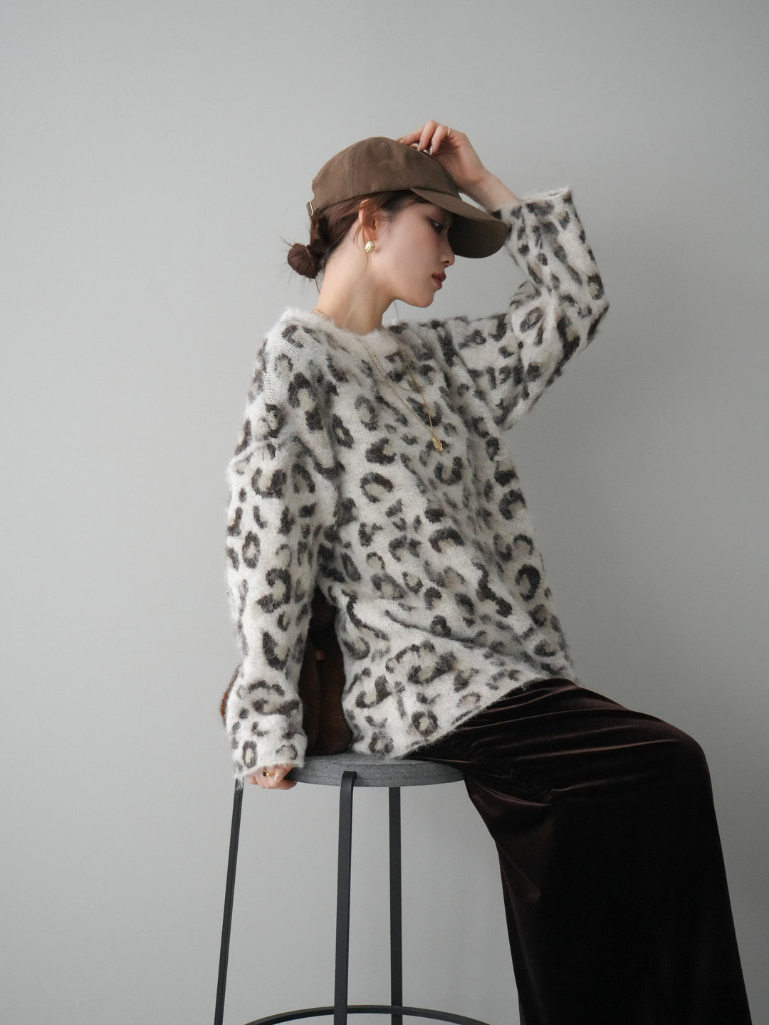 [SET]レオパードシャギーニットプルオーバー+ギャザーベロアスカート(2set)