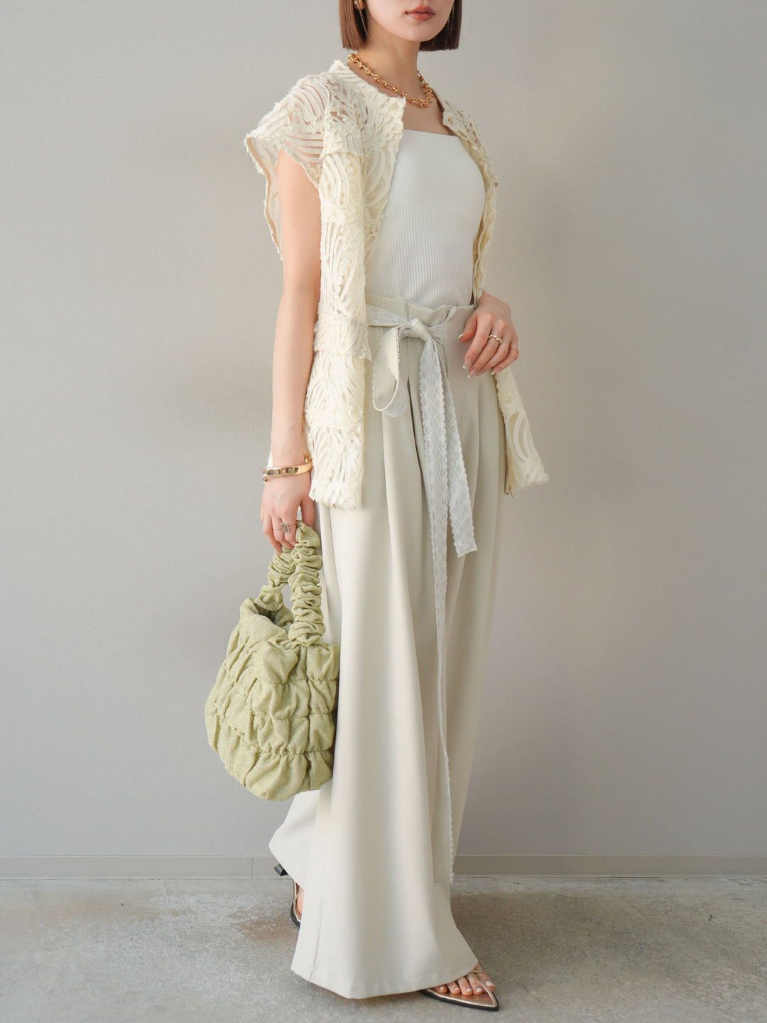 【預購】蕾絲腰帶設計寬褲/象牙白