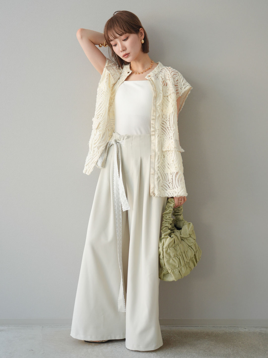 【預購】蕾絲腰帶設計寬褲/象牙白