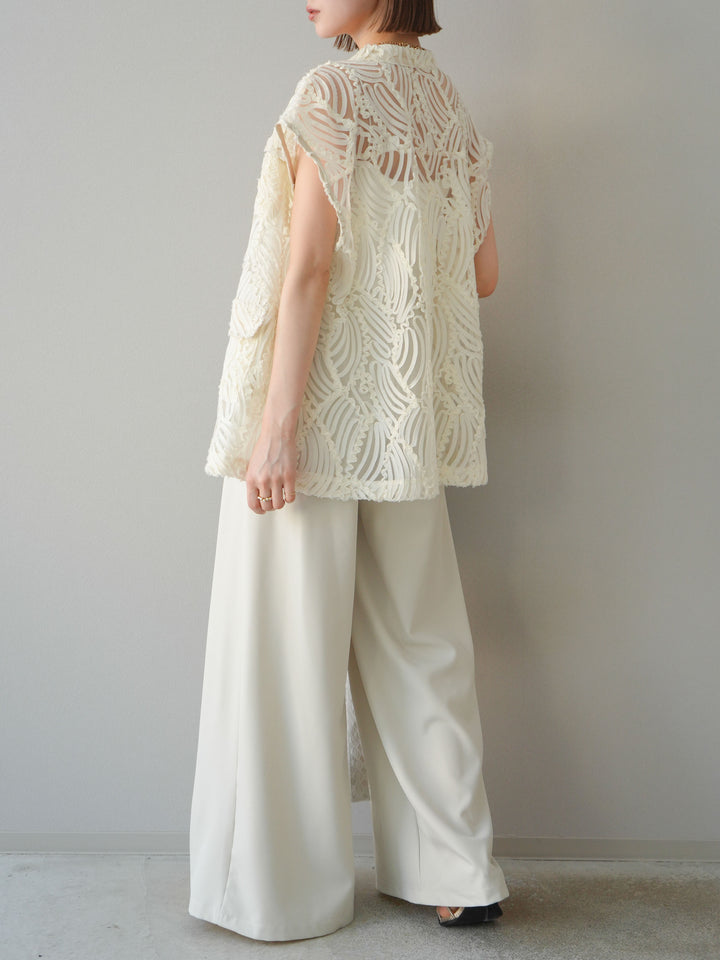 【預購】蕾絲腰帶設計寬褲/象牙白
