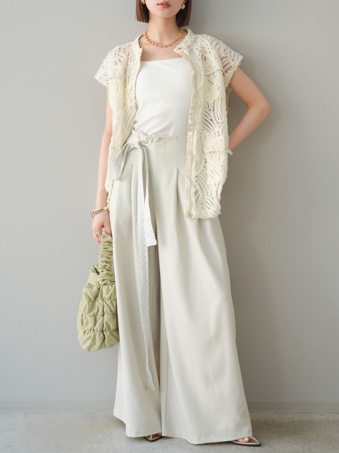 【預購】蕾絲腰帶設計寬褲/象牙白
