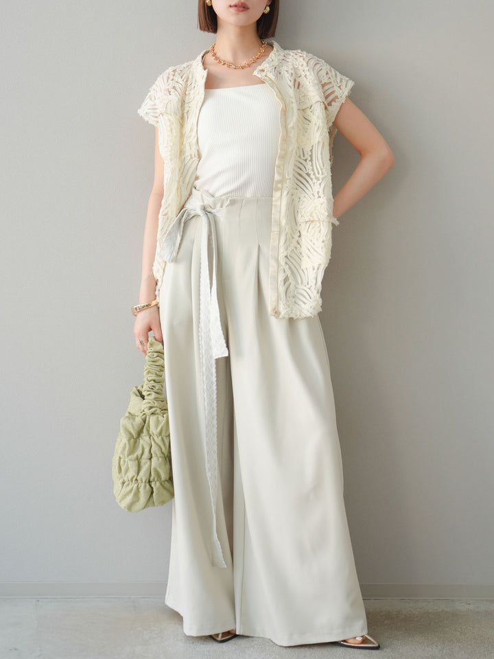 【預購】蕾絲腰帶設計寬褲/象牙白