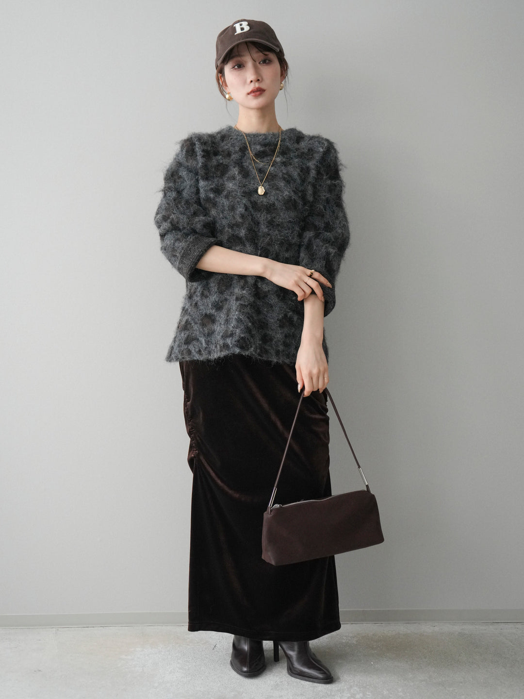 [SET]レオパードシャギーニットプルオーバー+ギャザーベロアスカート(2set)