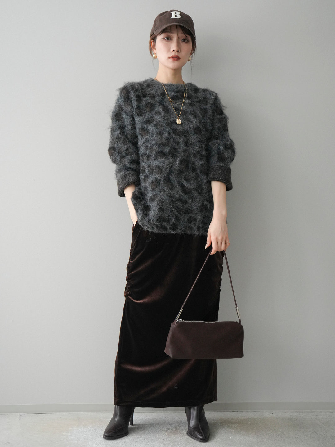 [SET]レオパードシャギーニットプルオーバー+ギャザーベロアスカート(2set)