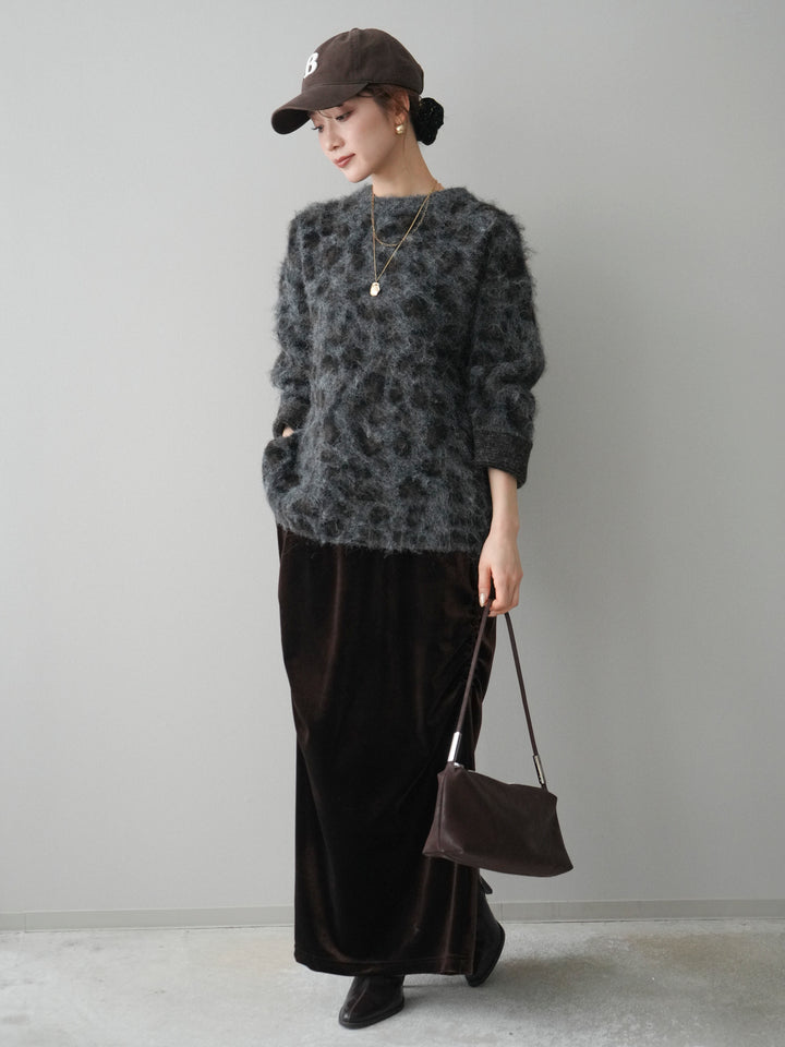 [SET]レオパードシャギーニットプルオーバー+ギャザーベロアスカート(2set)