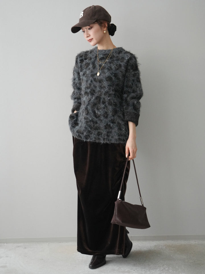 [SET]レオパードシャギーニットプルオーバー+ギャザーベロアスカート(2set)