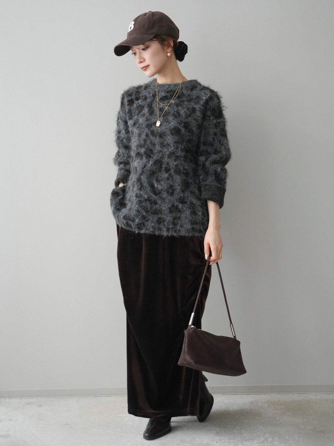 [SET]レオパードシャギーニットプルオーバー+ギャザーベロアスカート(2set)