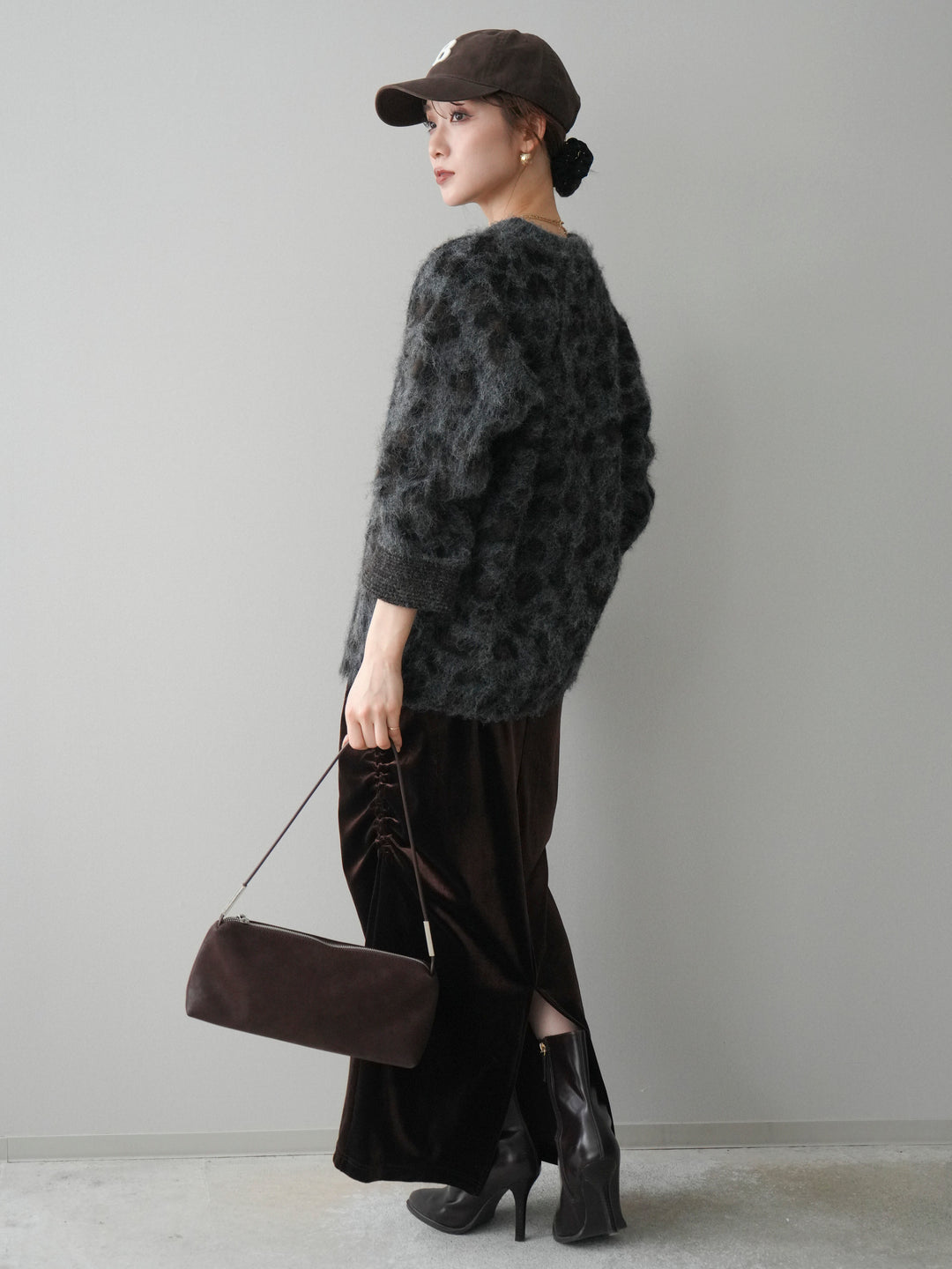 [SET]レオパードシャギーニットプルオーバー+ギャザーベロアスカート(2set)