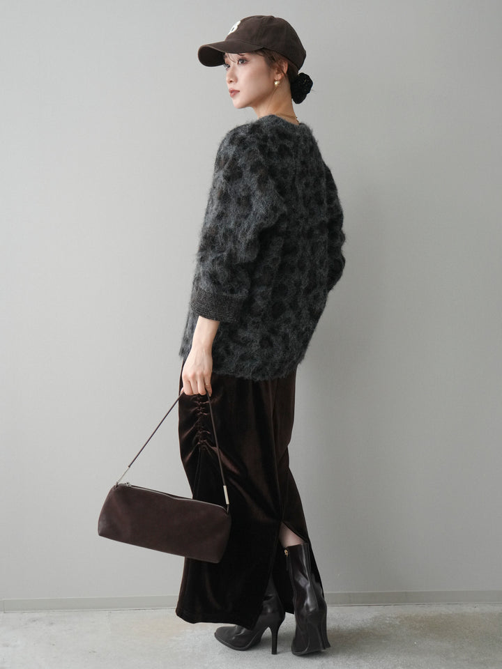 [SET]レオパードシャギーニットプルオーバー+ギャザーベロアスカート(2set)