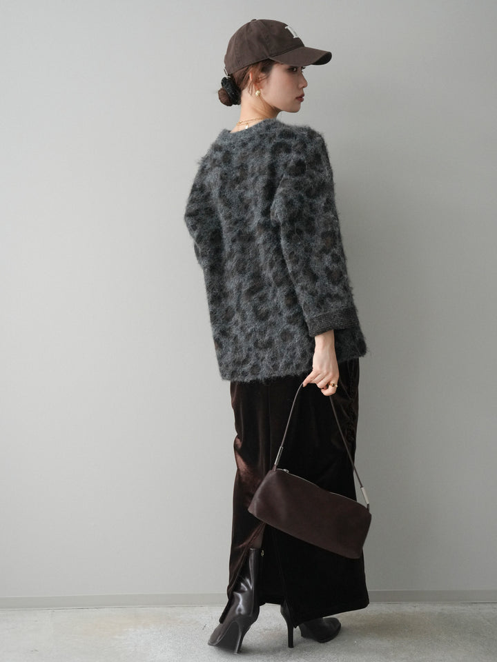 [SET]レオパードシャギーニットプルオーバー+ギャザーベロアスカート(2set)