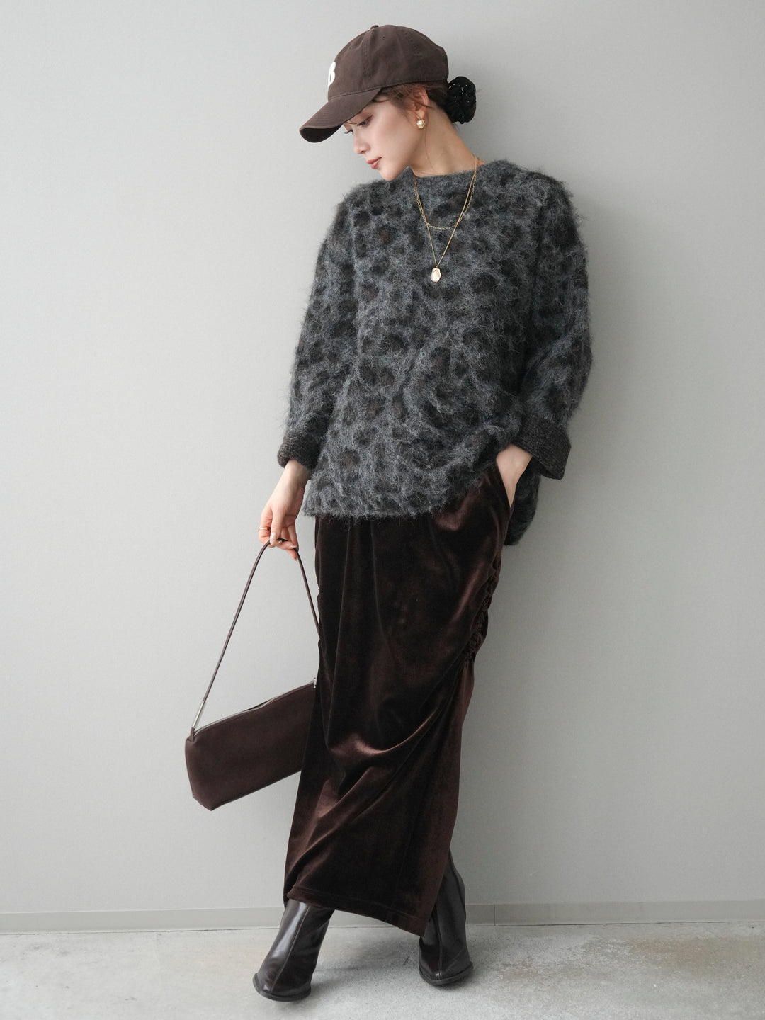 [SET]レオパードシャギーニットプルオーバー+ギャザーベロアスカート(2set)