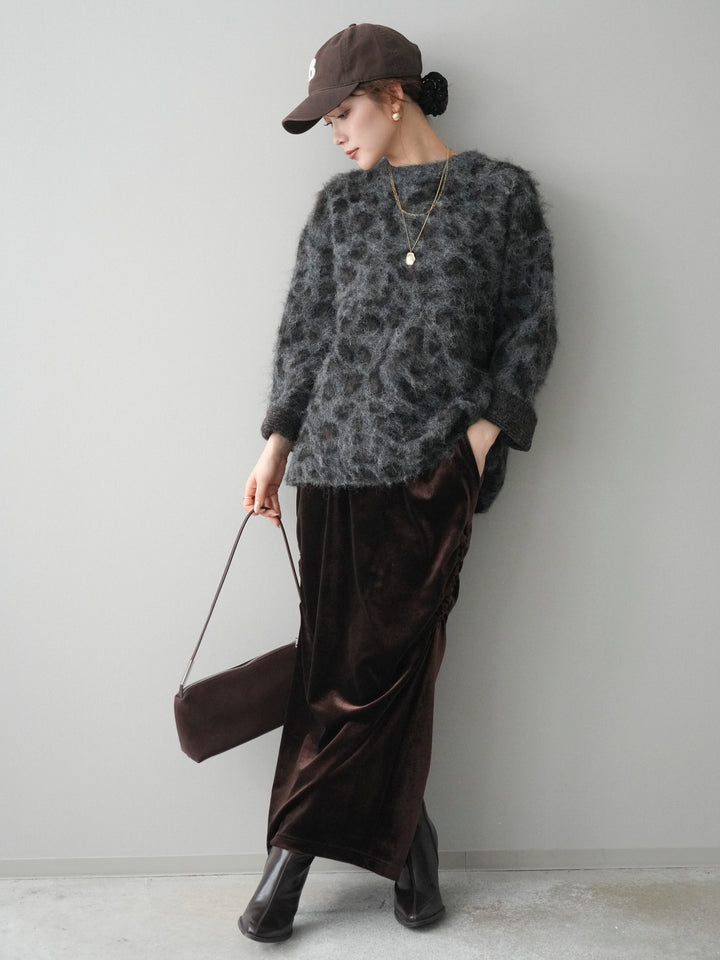 [SET]レオパードシャギーニットプルオーバー+ギャザーベロアスカート(2set)